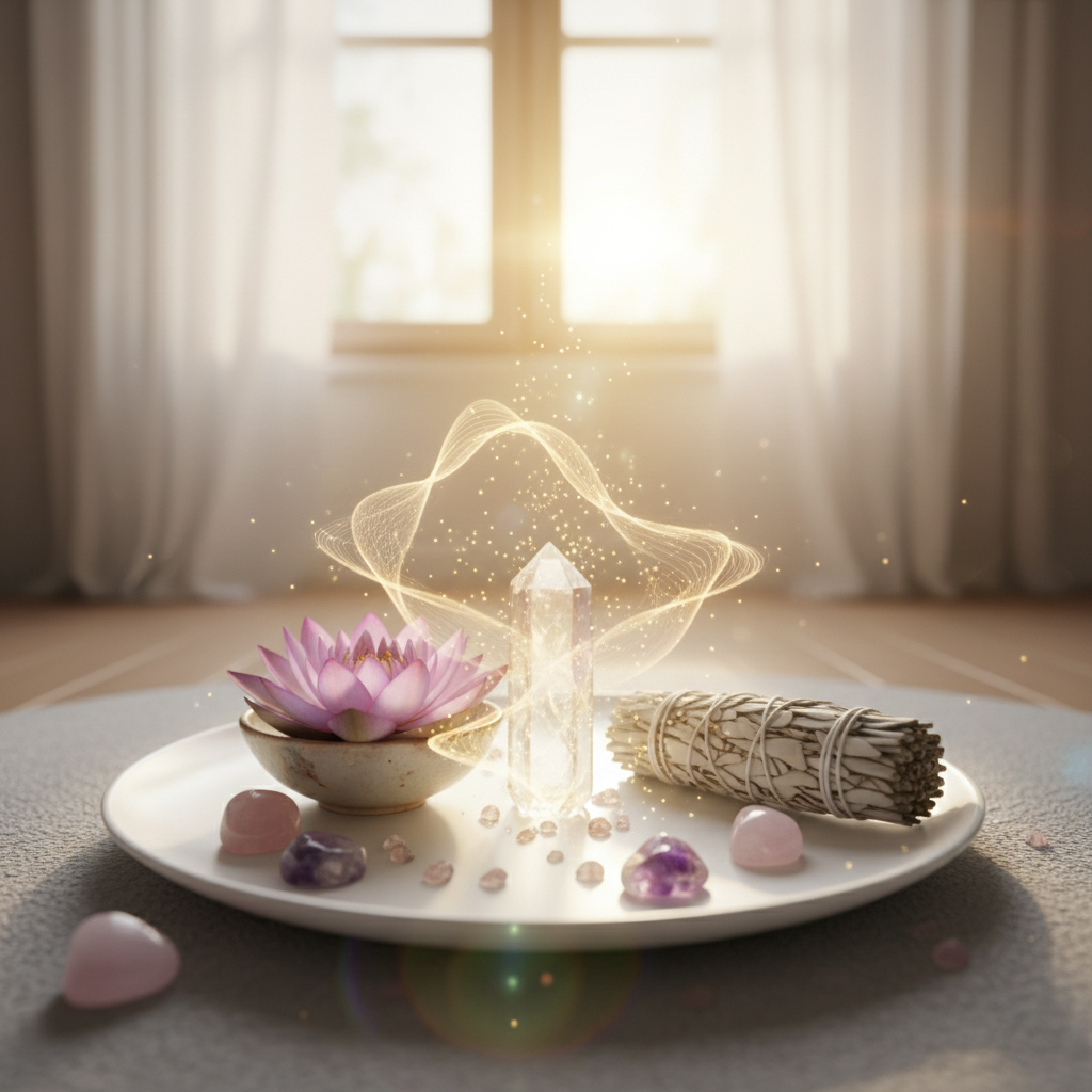 Energetische healing met kristallen en lotus bloem