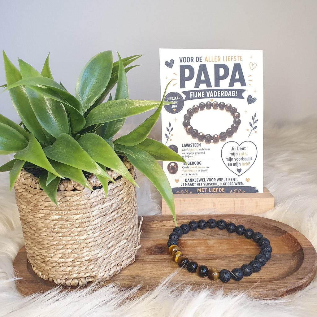 Vaderdag Armband Lavasteen & Tijgeroog 21 cm | Cadeau Papa | De Helende Steen