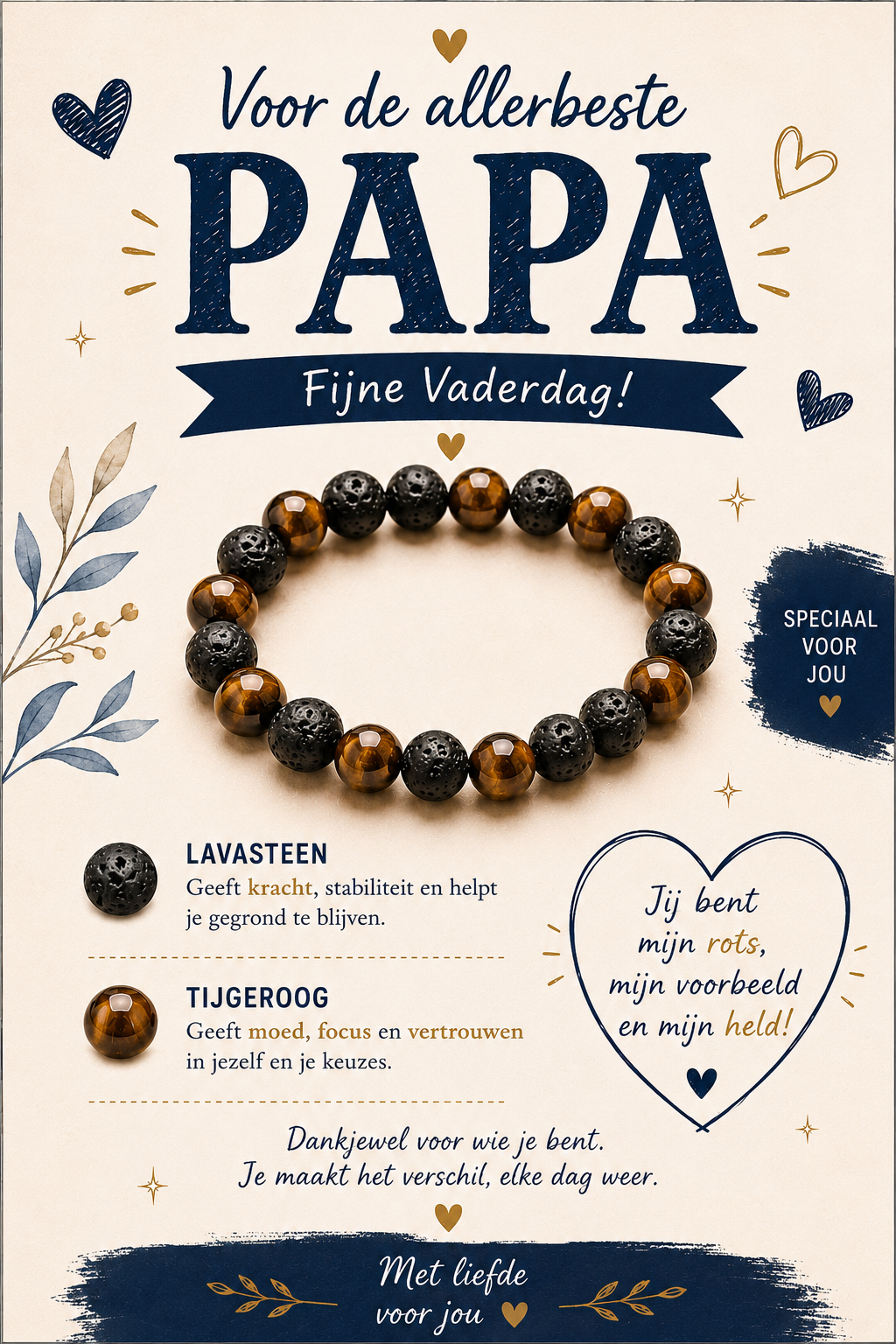 Vaderdag Armband – Lavasteen & Tijgeroog 21 cm