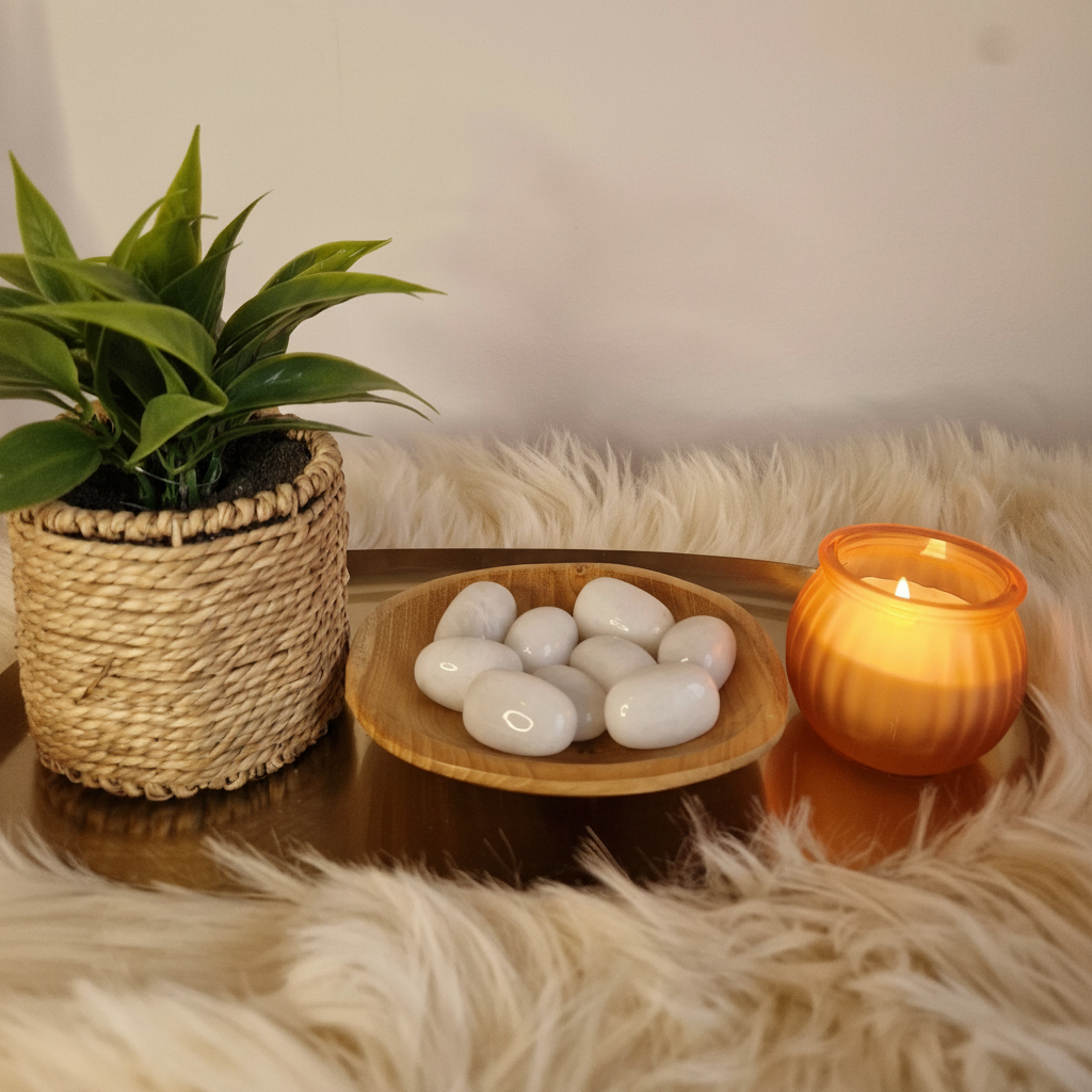 Witte jade trommelsteen sfeerbeeld met plant en kaars