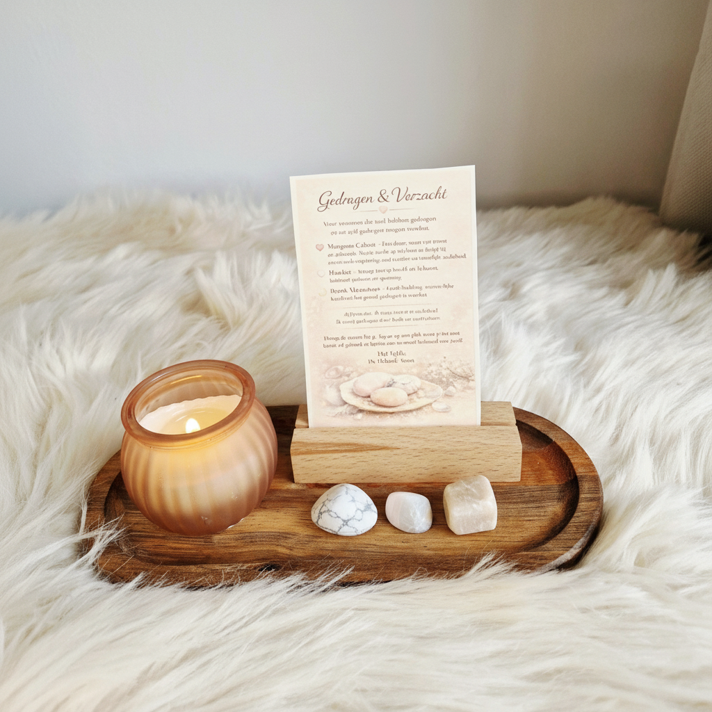 Trommelstenen set Gedragen & Verzacht met Mangano Calciet, Howliet en Perzik Maansteen