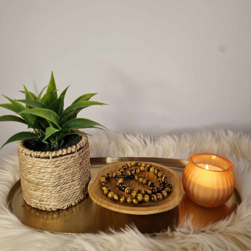 Tijgeroog armband sfeerbeeld met plant en kaars