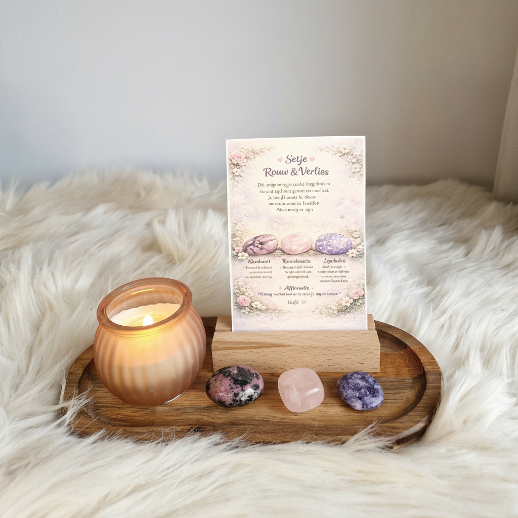 Trommelstenen set Rouw & Verlies met Rhodoniet, Rozenkwarts en Lepidoliet