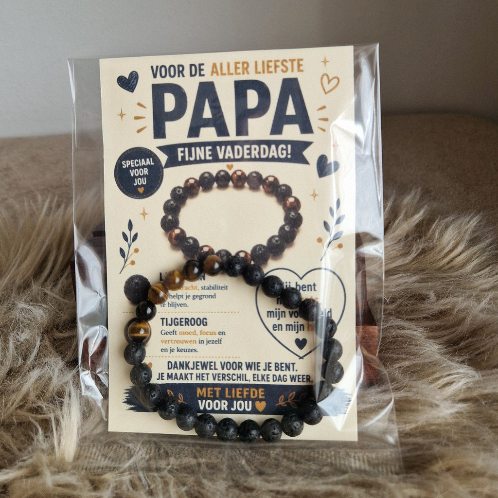 Vaderdag Armband Lavasteen & Tijgeroog 21 cm | Cadeau Papa | De Helende Steen